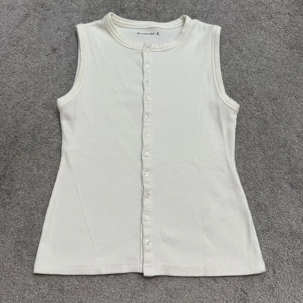 Abercrombie & Fitch Button Up Ribbed Knit Tank Top Womens Medium White Stretch